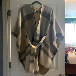 Belted plaid poncho cardigan
